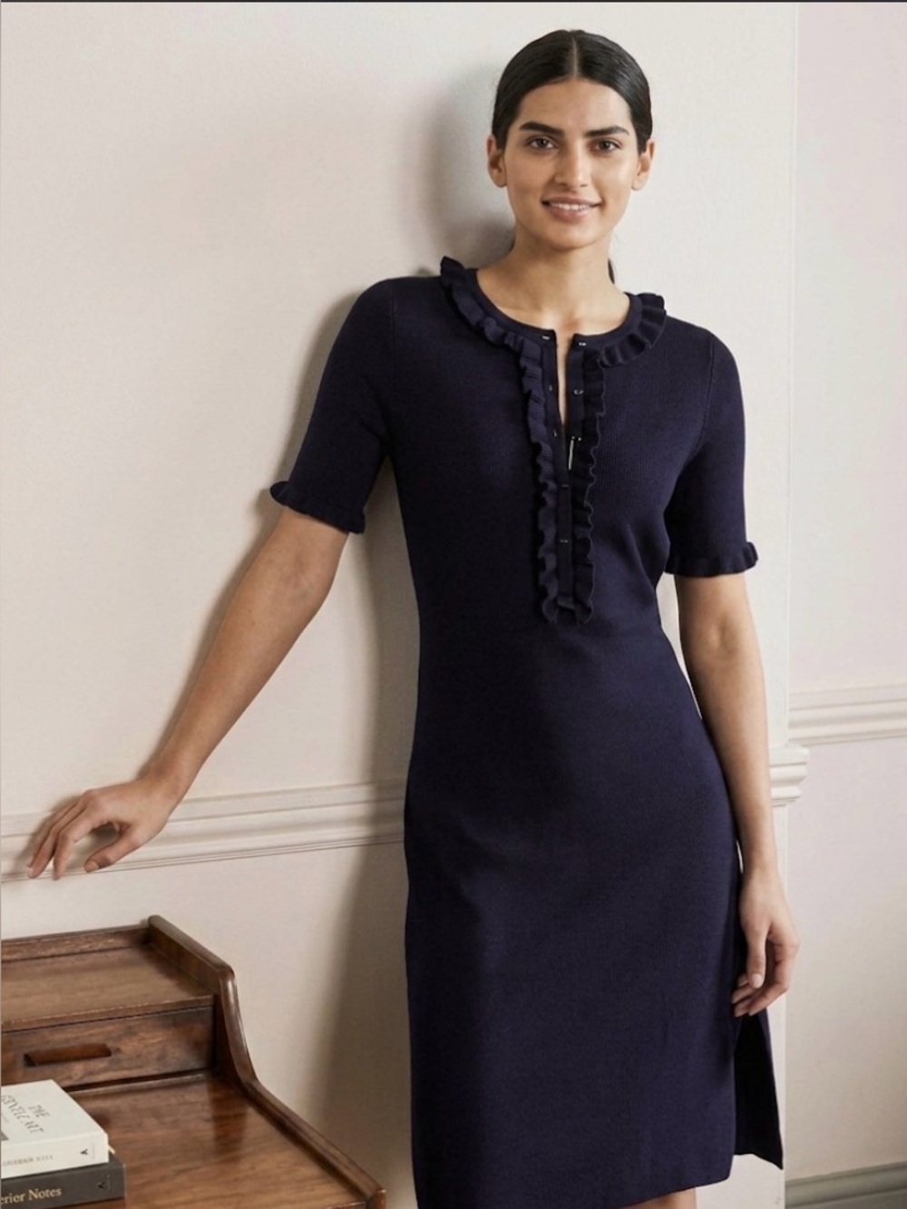 Boden Cotton & Wool Blend Navy Midi Knit Dress size UK 12L - US 8L